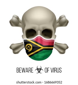 Human Skull with Crossbones and Surgical Mask in the Color of National Flag Vanuatu. Mask in Form of the Flag and Skull as Concept of Dire Warning that the Viral Disease Can be Fatal design