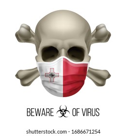 Human Skull with Crossbones and Surgical Mask in the Color of National Flag Malta. Mask in Form of the Maltese Flag and Skull as Concept of Dire Warning that the Viral Disease Can be Fatal