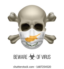 Human Skull with Crossbones and Surgical Mask in the Color of National Flag Cyprus. Mask in Form of the Cypriot Flag and Skull as Concept of Dire Warning that the Viral Disease Can be Fatal