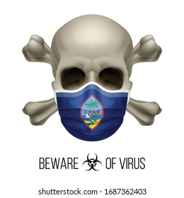 Human Skull with Crossbones and Surgical Mask in the Color of National Flag Guam. Mask in Form of the Flag and Skull as Concept of Dire Warning that the Viral Disease Can be Fatal.