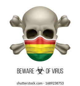 Human Skull with Crossbones and Surgical Mask in the Color of National Flag Bolivia. Mask in Form of the Bolivian Flag and Skull as Concept of Dire Warning that the Viral Disease Can be Fatal