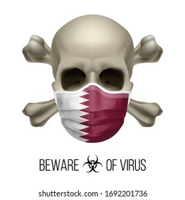 Human Skull with Crossbones and Surgical Mask in the Color of National Flag Qatar. Mask in Form of the Qatari Flag and Skull as Concept of Dire Warning that the Viral Disease Can be Fatal