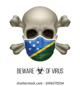 Human Skull with Crossbones and Surgical Mask in the Color of National Flag Solomon Islands. Mask in Form of the Flag and Skull as Concept of Dire Warning that the Viral Disease Can be Fatal.