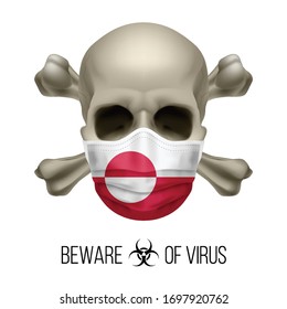 Human Skull with Crossbones and Surgical Mask in the Color of National Flag Greenland. Mask in Form of the Flag and Skull as Concept of Dire Warning that the Viral Disease Can be Fatal.