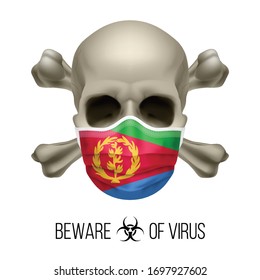 Human Skull with Crossbones and Surgical Mask in the Color of National Flag Eritrea. Mask in Form of the Eritrean Flag and Skull as Concept of Dire Warning that the Viral Disease Can be Fatal