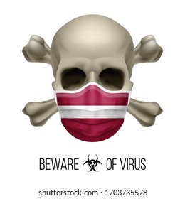 Human Skull with Crossbones and Surgical Mask in the Color of National Flag Latvia. Mask in Form of the Latvian Flag and Skull as Concept of Dire Warning that the Viral Disease Can be Fatal