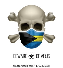 Human Skull with Crossbones and Surgical Mask in the Color of National Flag the Bahamas. Mask in Form of the Bahamian Flag and Skull as Concept of Dire Warning that the Viral Disease Can be Fatal