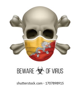 Human Skull with Crossbones and Surgical Mask in the Color of National Flag Bhutan. Mask in Form of the Bhutanese Flag and Skull as Concept of Dire Warning that the Viral Disease Can be Fatal