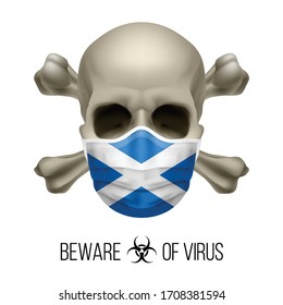 Human Skull with Crossbones and Surgical Mask in the Color of National Flag Scotland. Mask in Form of the Scottish Flag and Skull as Concept of Dire Warning that the Viral Disease Can be Fatal