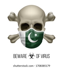 Human Skull with Crossbones and Surgical Mask in the Color of National Flag Pakistan. Mask in Form of the Pakistani Flag and Skull as Concept of Dire Warning that the Viral Disease Can be Fatal