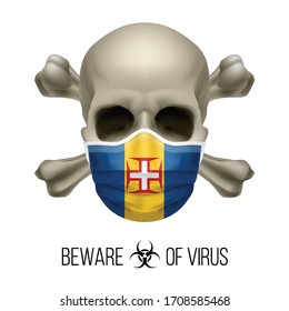 Human Skull with Crossbones and Surgical Mask in the Color of National Flag Madeira. Mask in Form of the Flag and Skull as Concept of Dire Warning that the Viral Disease Can be Fatal.