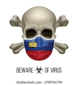 Human Skull with Crossbones and Surgical Mask in the Color of National Flag Liechtenstein. Mask in Form of the Flag and Skull as Concept of Dire Warning that the Viral Disease Can be Fatal.