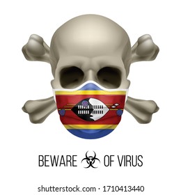 Human Skull with Crossbones and Surgical Mask in the Color of National Flag Swaziland. Mask in Form of the Swazi Flag and Skull as Concept of Dire Warning that the Viral Disease Can be Fatal