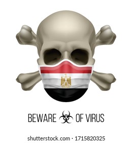 Human Skull with Crossbones and Surgical Mask in the Color of National Flag Egypt. Mask in Form of the Egyptian Flag and Skull as Concept of Dire Warning that the Viral Disease Can be Fatal