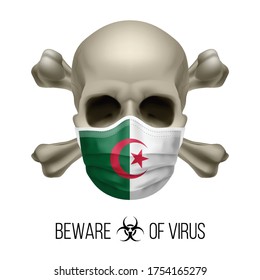 Human Skull with Crossbones and Surgical Mask in the Color of National Flag Algeria. Mask in Form of the Algerian Flag and Skull as Concept of Dire Warning that the Viral Disease Can be Fatal