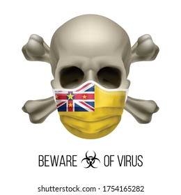 Calavera humana con huesos crudos y máscara quirúrgica en el color de la bandera nacional Niue. Máscara en forma de bandera de Niuen y cráneo como concepto de advertencia seria de que la enfermedad viral puede ser mortal