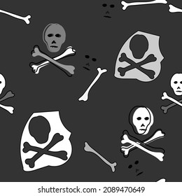 human skull, crossbones.hand-drawn on a black background. seamless pattern.sign, symbol, logo.vector illustration. eps10