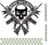 human skull with crossed assault rifles and banner with text home security