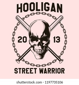 Human skull with crossed baseball bats and chain. Vector illustration. Print vector design. Premium quality superior skull concept. Shabby t-shirt and hoodie emblem