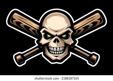 Human skull and crossed baseball bats. Gangster sign, bandit symbol. Vector illustration.