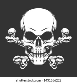 Human Skull with Crossed Bones drawn in Engraving style. Vector Illustration