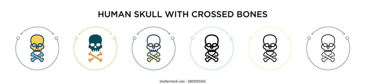 Human skull with crossed bones icon in filled, thin line, outline and stroke style. Vector illustration of two colored and black human skull with crossed bones vector icons designs can be used for 