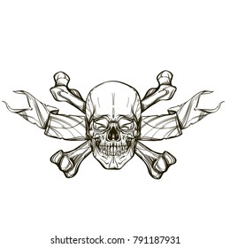 Human skull with crossed bones and ribbon. Outline vector illustration isolated on white background.