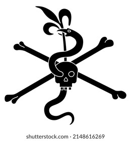 Human skull and crossed bones with a snake and leaf sprout. Medieval symbol of life and death. Vita brevis. Memento mori. Black and white negative silhouette.