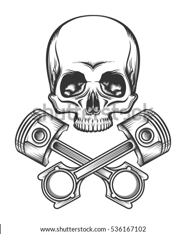 Human skull and crossed engine pistons. Isolated on white vector illustration.
