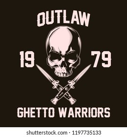Human skull with crossed knives. Vector illustration. Print vector design. Premium quality superior skull concept. Shabby t-shirt and hoodie emblem