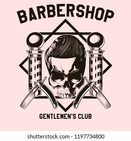 Human skull with crossed razors and barbers poles. Vector illustration. Print vector design. Premium quality superior skull concept. Shabby t-shirt and hoodie emblem