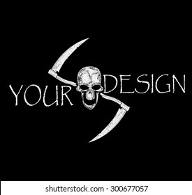 A human skull and crossed reapers on black background. Components of pattern such as skull pattern,inscription, scratch,reapers divided between layers, and easy to use. Vector 