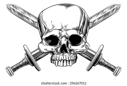 A human skull and crossed swords pirate style sign in a vintage style
