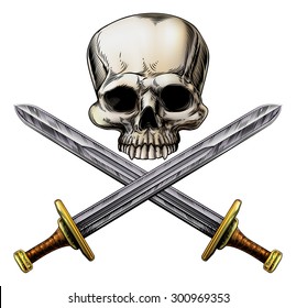 A human skull and crossed swords pirate style sign in a vintage woodblock style
