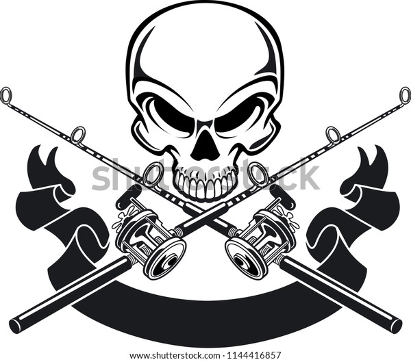 human skull with\
crossing fishing rod and\
reel