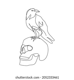 Human skull with crow one line art. Continuous line drawing of halloween theme, gothic, autumn mood, black bird.