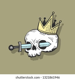 Human skull with a crown and a knife. Tattoo concept. Old school tattoo