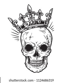 Human skull with crown for tattoo design. vector illustration