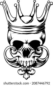 Human skull with crown for tattoo design of illustration