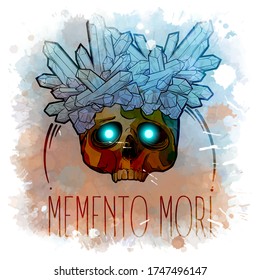 Calavera humana con cristales creciendo sobre ella. Ilustración conceptual de alquimia con un signo en latín significado recuerda que eres mortal. Dibujo de línea sobre un fondo texturado de color de agua. Vector EPS 10