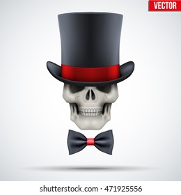 Human skull with cylinder hat and bow tie. Gentleman symbol. Vector Illustration on isolated white background