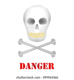Human skull with dark holes for eyes and nose with yellow teeth and two crossbones under the skull with red danger lettering on a white background