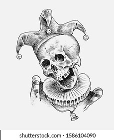 Human skull. Dead jester or clown in vintage style. Retro old school sketch for tattoo. Monochrome Hand drawn engraved retro prankster badge for t-shirt, banner poster and logo.