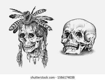 Human skull. Dead Native American Indian with feathers in vintage style. Retro old school sketch for tattoo. Monochrome Hand drawn engraved retro badge for t-shirt, banner poster and logo.