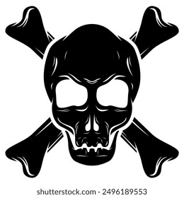 Human skull death or dead with crossed bones flat vector monochrome illustration editable or scalable eps file for T-shirt design element, emblem, horror or halloween, symbol, etc