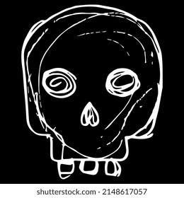 Human skull. Death symbol. Hand drawn linear doodle rough sketch. White silhouette on black background.