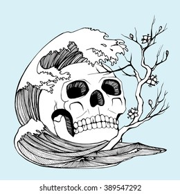 Human skull. Decorative. Line art. Black and white drawing by hand. Tattoo. Skull in the sea.