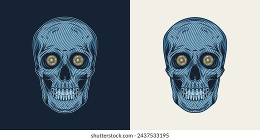 Human skull in denim style with blue jeans fabric texture and jeans buttons inside of eye sockets. Detailed composition in vintage style on black, white background.