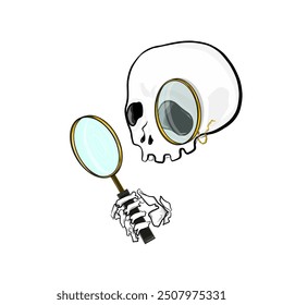 human skull detective icon with magnifying glass without background