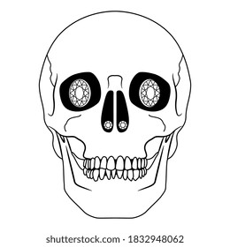 Human skull with diamonds in its eye sockets. Creative concept. Blinded by greed. Black and white silhouette.